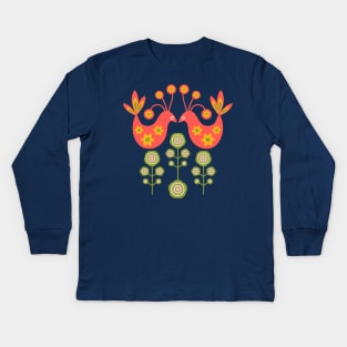 LOVE BIRDS Folk Art Mid-Century Modern Scandi Floral With Birds Flowers Feathers in Coral Orange Yellow Pink Green on Cream - UnBlink Studio by Jackie Tahara Kids Long Sleeve T-Shirt